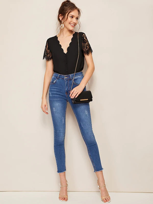 CM-TS517951 Women Casual Seoul Style Lace Short Sleeve V-Neck Blouse - Black