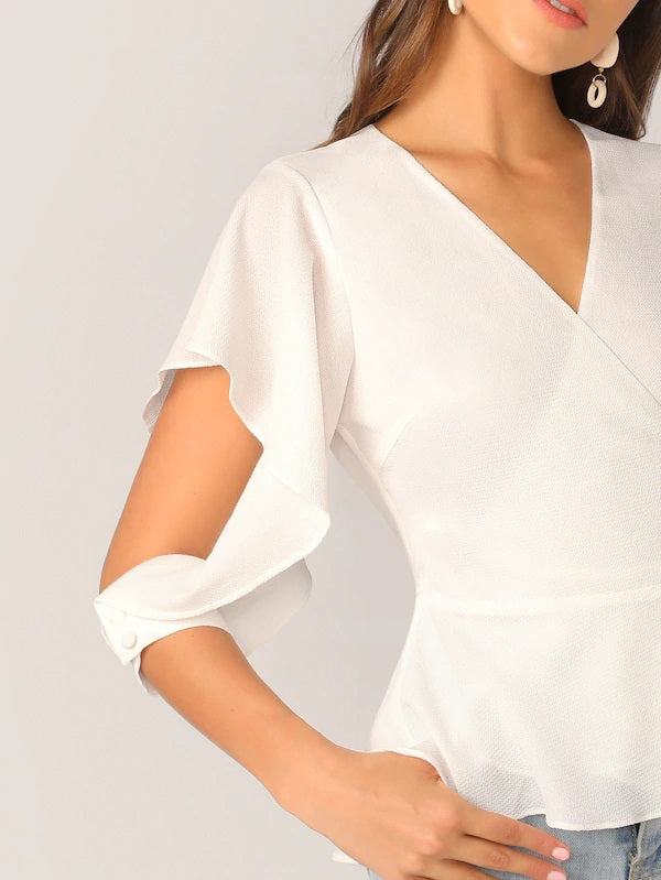 CM-TS506152 Women Elegant Seoul Style 3/4 Split Sleeve Wrap Belted Peplum Top - White