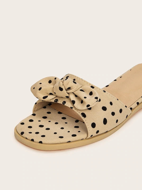 CM-SHS517855 Women Trendy Seoul Style Bow Decor Polka Dot Flat Sliders - Khaki