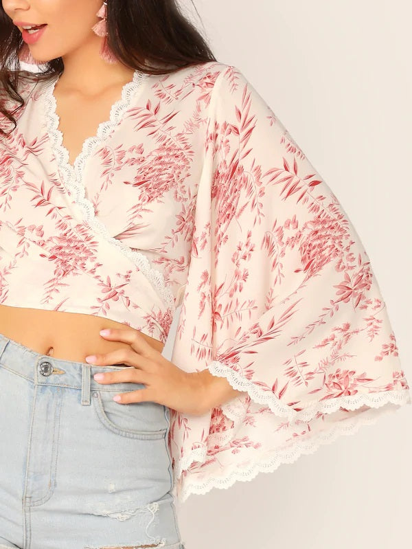CM-TS403506 Women Casual Seoul Style Lace Trim Floral Print Bell Sleeve Wrap Crop Top - Apricot