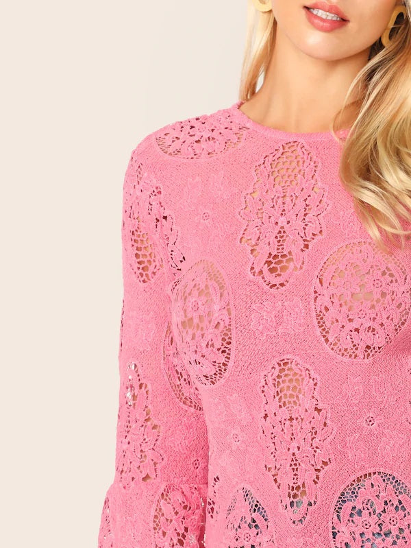 CM-TS426388 Women Casual Seoul Style Keyhole Back Flounce Sleeve Guipure Lace Top - Pink