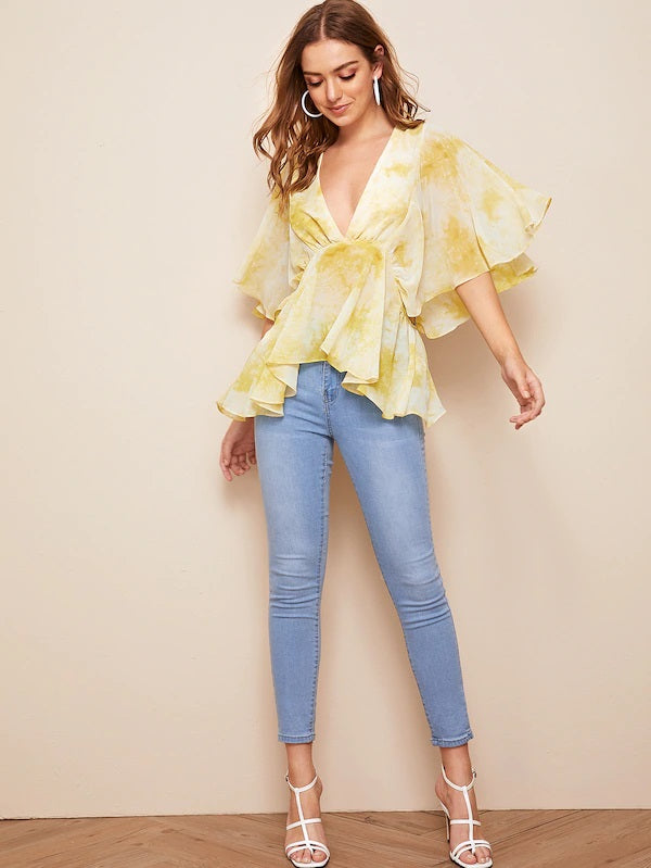 CM-TS430630 Women Casual Seoul Style Tie Dye Plunge Neck Flutter Sleeve Top - Yellow