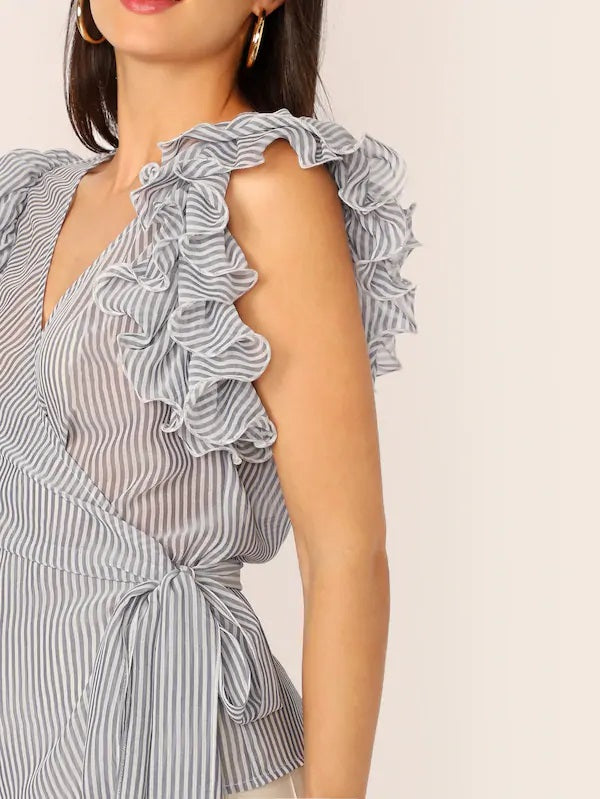 CM-TS429330 Women Elegant Seoul Style Exaggerated Ruffle Armhole Striped Wrap Belted Top - Blue