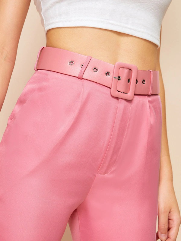 CM-BS523564 Women Casual Seoul Style High Waist Solid Carrot Leg Belted Pants - Pink