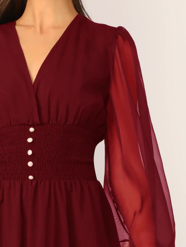 CM-DS527261 Women Elegant Seoul Style Mesh Lantern Sleeve Buttoned Shirred Waist Dress - Wine Red
