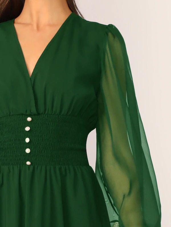 CM-DS527596 Women Elegant Seoul Style Mesh Lantern Sleeve Buttoned Shirred Waist Dress - Green