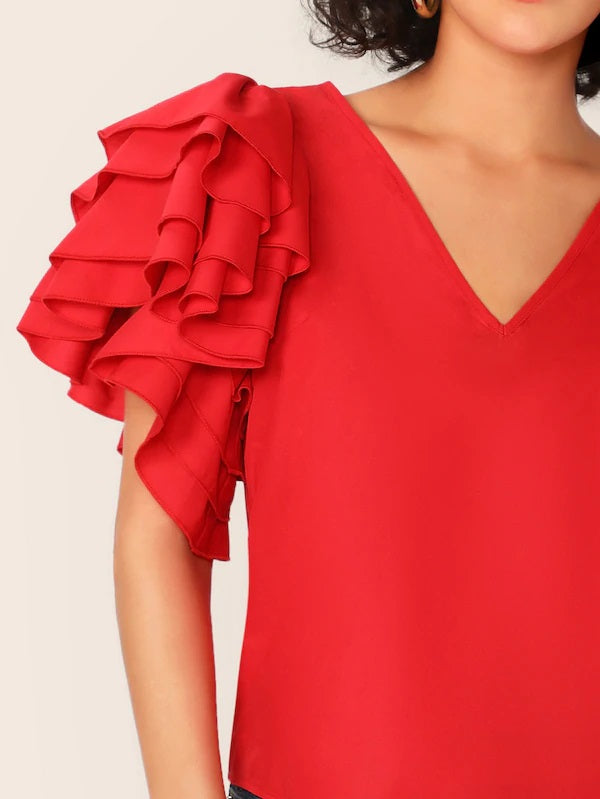 CM-TS426147 Women Trendy Seoul Style Layered Exaggerated Ruffle Sleeve Top - Red