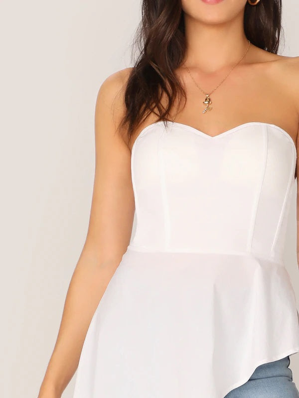 CM-TS513368 Women Casual Seoul Style Zipper Back Asymmetrical Peplum Tube Top - White
