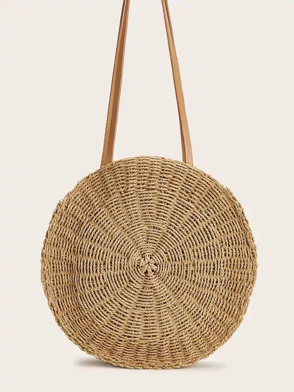 CM-BGS524595 Women Trendy Seoul Style Shell Decor Round Shaped Woven Bag - Khaki