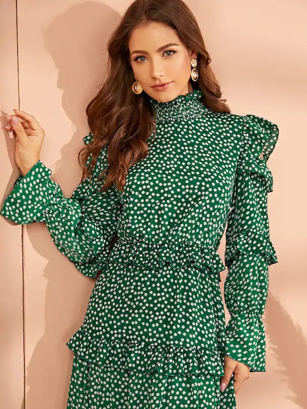 CM-DS529374 Women Elegant Seoul Style Long Sleeve Daisy Floral Layered Ruffle Cold Shoulder Dress
