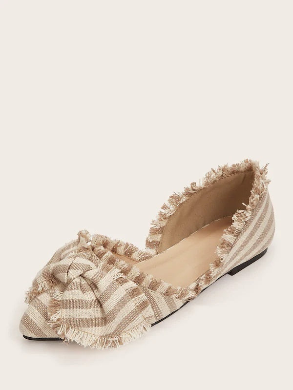 CM-SHS529101 Women Casual Seoul Style Bow Decor Striped Raw Trim Flats