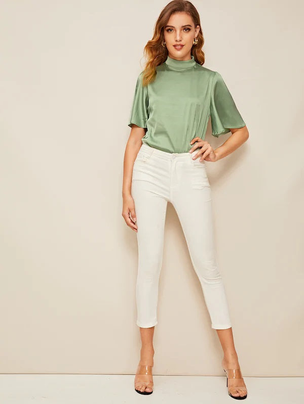 CM-TS311653 Women Casual Seoul Style Mock-Neck Flutter Sleeve Satin Top - Green