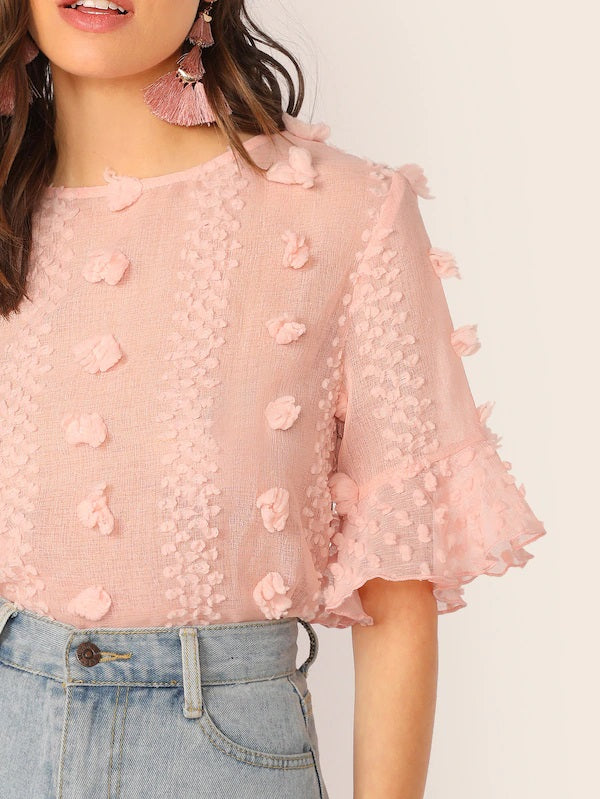CM-TS506008 Women Casual Seoul Style Short Sleeve Appliques Ruffle Cuff Top - Pink