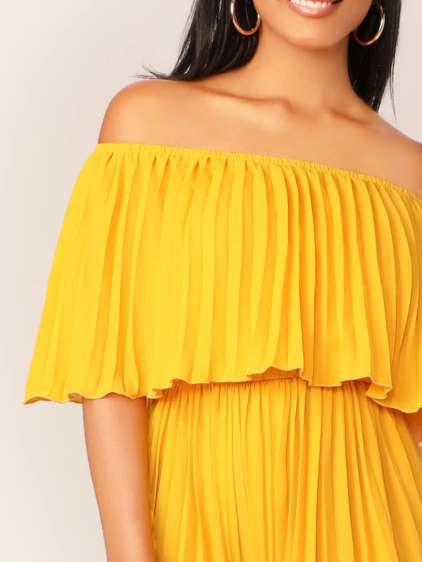 CM-DS506259 Women Elegant Bohemian Style Off Shoulder Ruffle Foldover Pleated Dress - Yellow