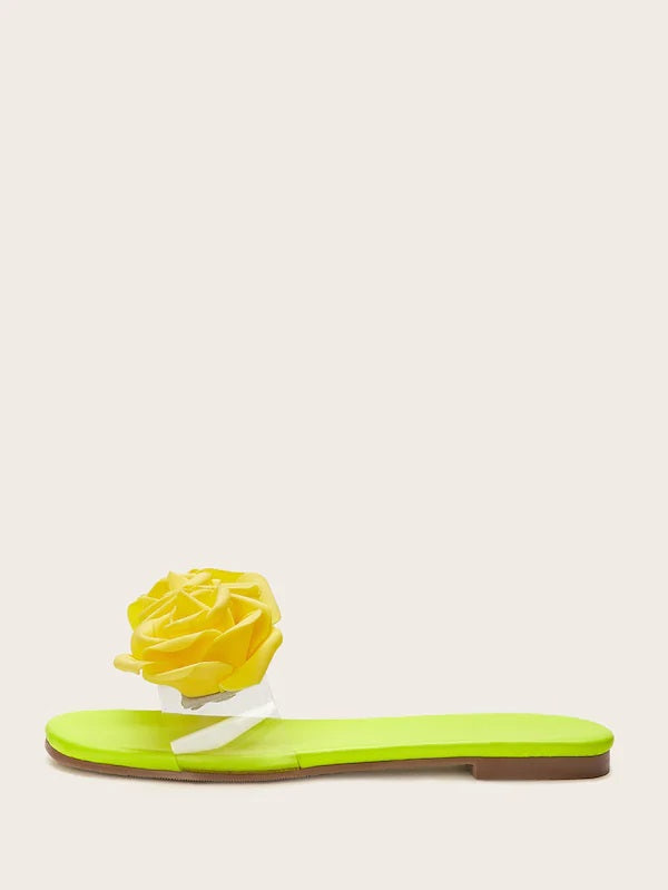 CM-SHS531376 Women Casual Seoul Style Neon Lime Open Toe Floral Decor Sliders - Green
