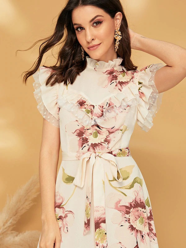 CM-DS524277 Women Casual Seoul Style Mock Neck Ruffle Trim Mesh Insert Belted Floral Dress