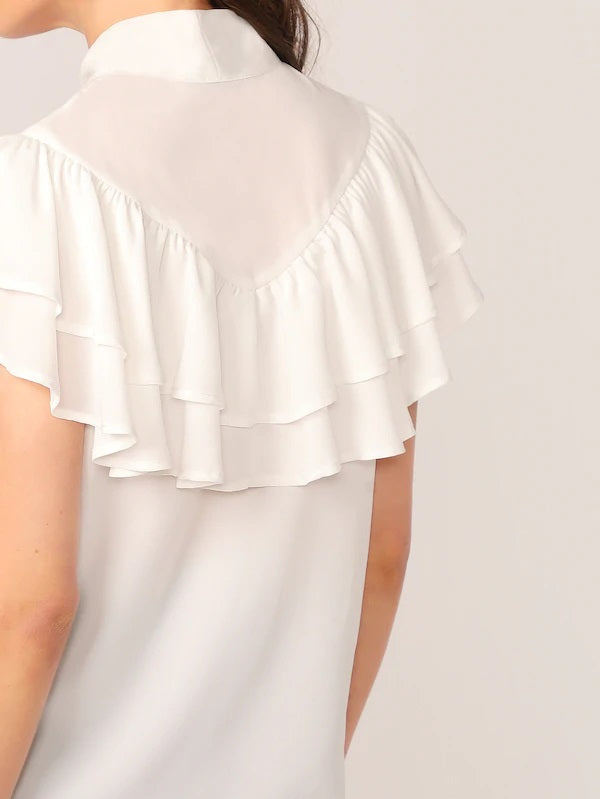 CM-TS509768 Women Casual Seoul Style Short Sleeve Tie Neck Ruffle Layered Trim Blouse - White