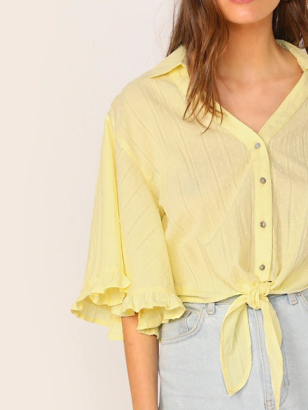 CM-TS522665 Women Casual Seoul Style Collared Frill Cuff Knot Hem Shirt - Yellow
