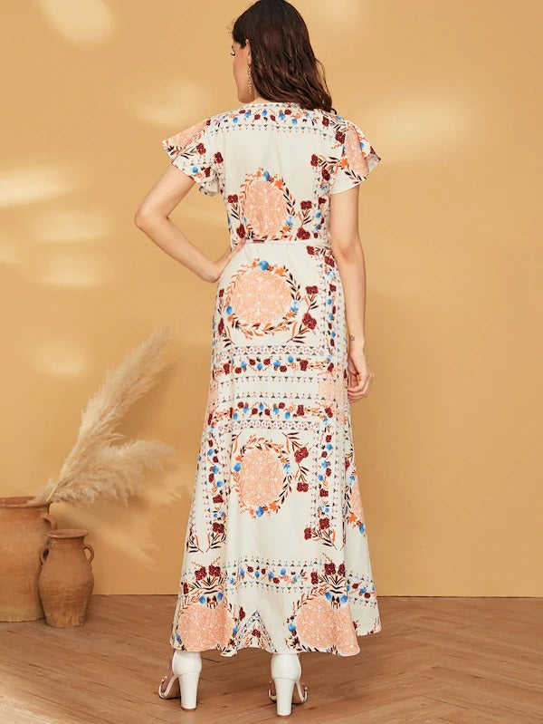 CM-DS604002 Women Casual Seoul Style Allover Floral Print Belted Ruffle Sleeve Dress