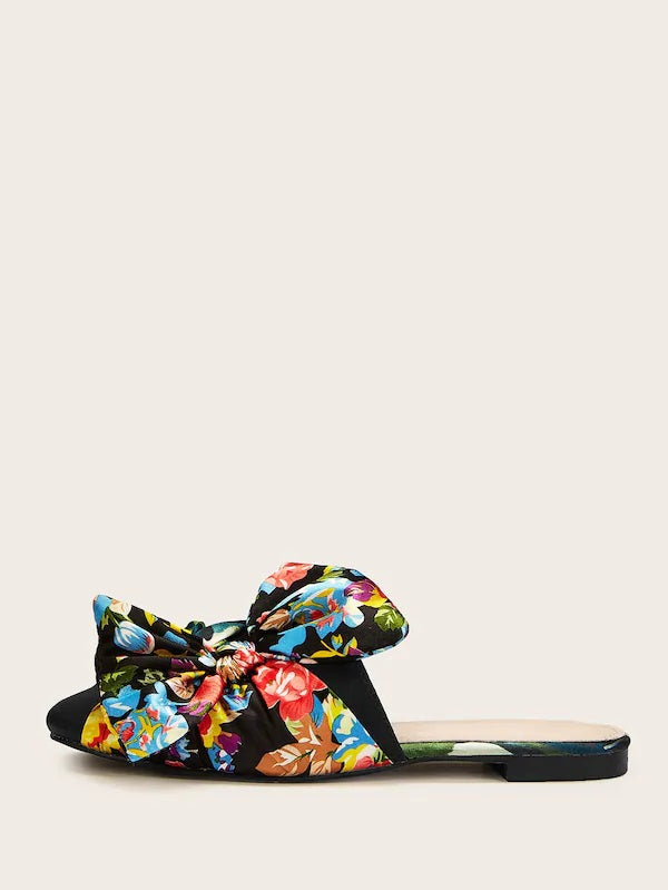CM-SHS604070 Women Trendy Seoul Style Floral Print Bow Decor Flat Mules