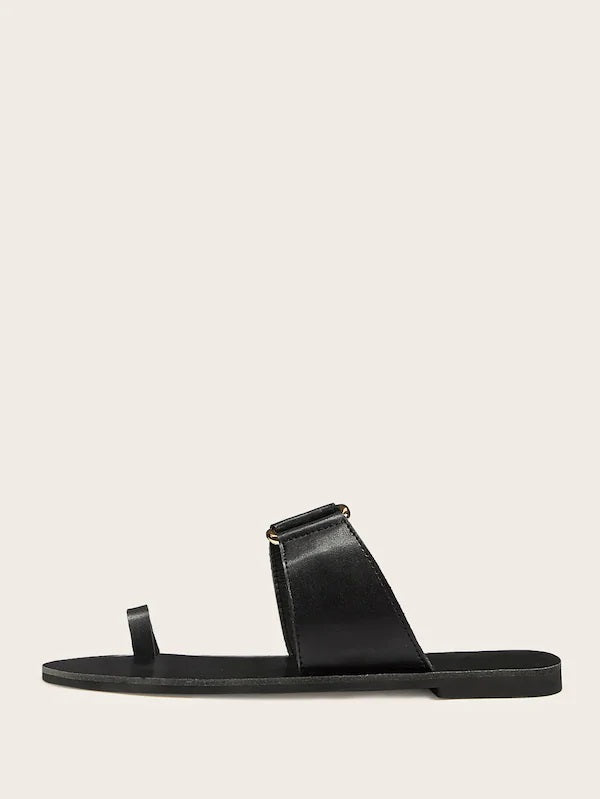 CM-SHS604322 Women Casual Seoul Style Toe Ring Metal Decor Sliders - Black