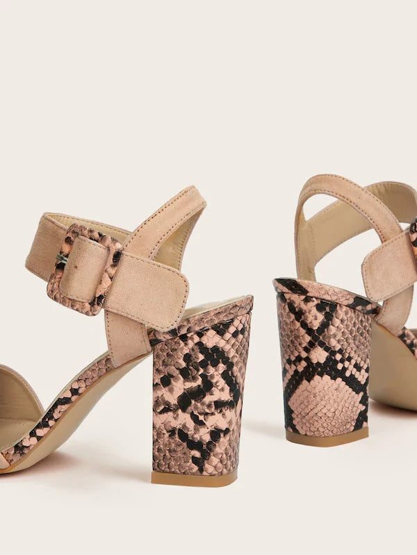 CM-SHS520303 Women Elegant Seoul Style Snakeskin Buckle Decor Chunky Heels - Pink
