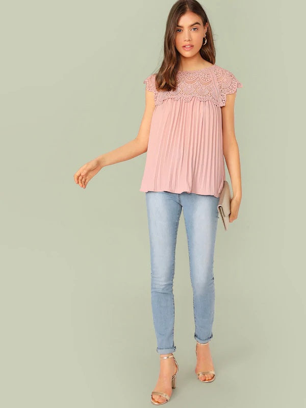 CM-TS514770 Women Casual Seoul Style Keyhole Back Guipure Lace Yoke Pleated Top - Pink