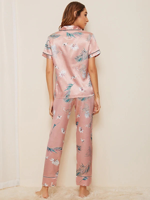 CM-PS606299 Women Trendy Seoul Style Crane And Tropical Print Satin Pajama Set - Pink