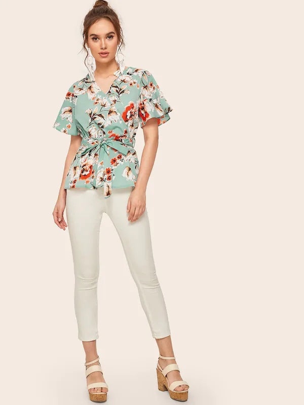CM-TS529001 Women Casual Seoul Style Surplice Front Floral Print Belted Blouse