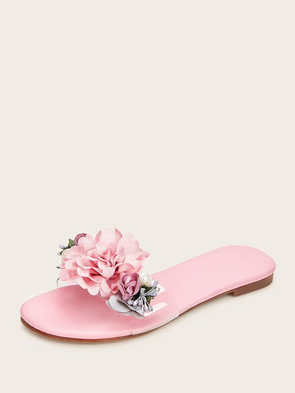 CM-SHS606042 Women Elegant Seoul Style Floral Applique Flat Sliders - Pink