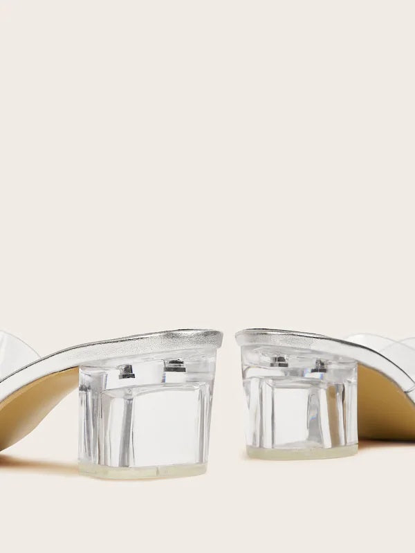 CM-SHS606493 Women Elegant Seoul Style Clear Cross Strap Chunky Heels - White