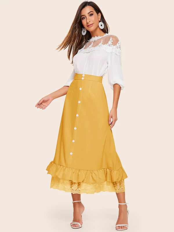 CM-BS610902 Women Trendy Seoul Style High Waist Button Front Contrast Lace Hem Skirt - Yellow