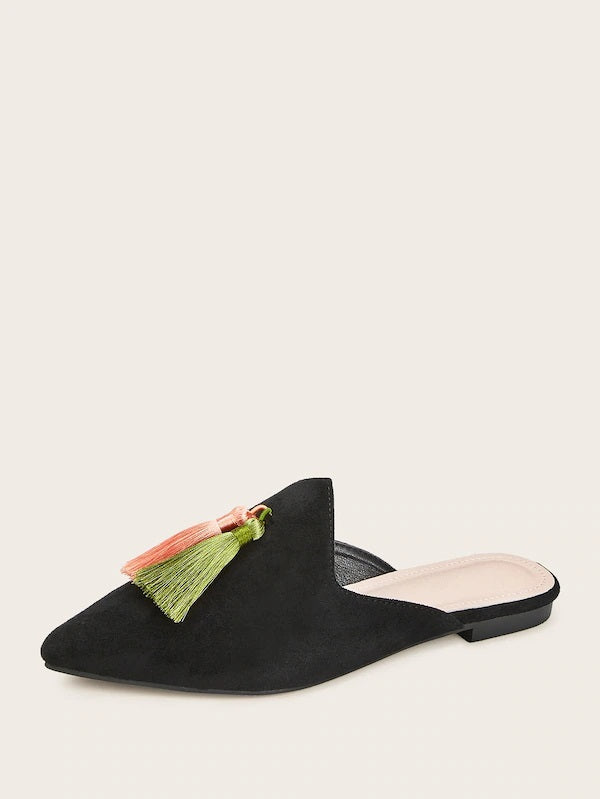 CM-SHS610214 Women Trendy Seoul Style Tassel Decor Point Toe Flat Mules - Black
