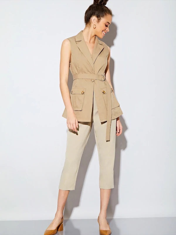 CM-CS517941 Women Elegant European Style Sleeveless Belted Utility Vest - Khaki