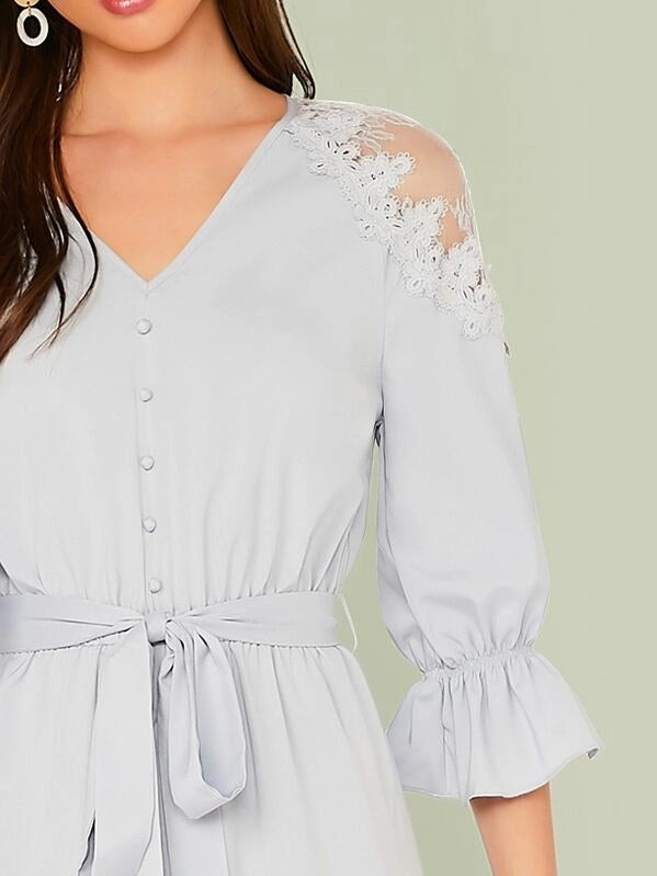CM-JS522368 Women Casual Seoul Style Mesh Shoulder Flounce Sleeve Belted Jumpsuit - Blue