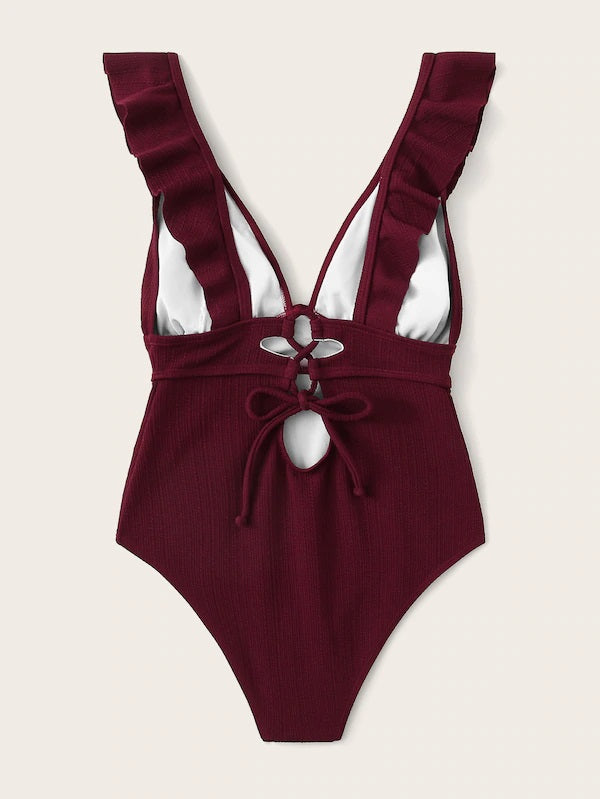 CM-SWS613810 Women Trendy Seoul Style Plunge Neck Ruffle One Piece Swimsuit - Wine Red