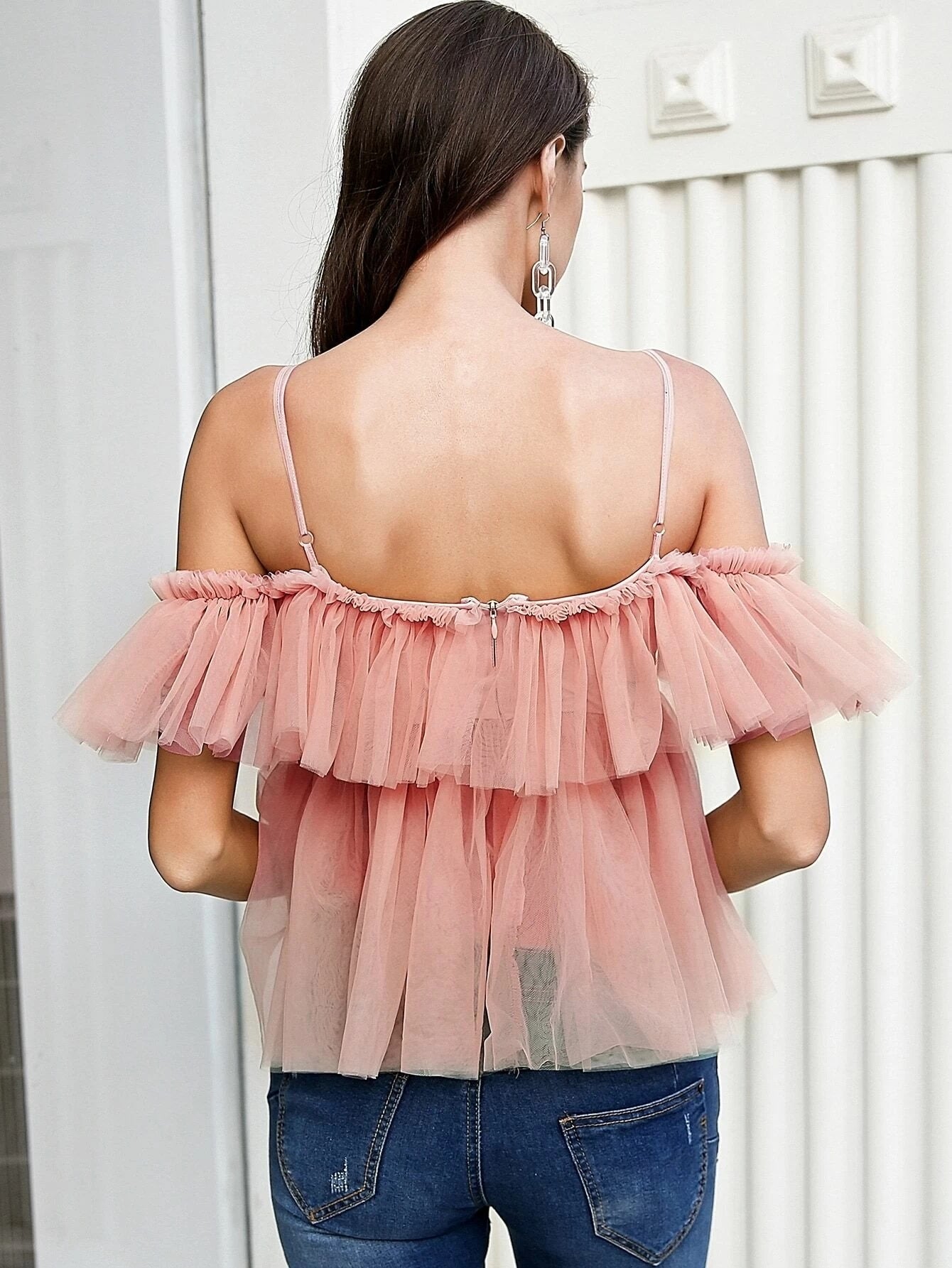 CM-TS612507 Women Casual Seoul Style Ruffle Trim Lace Up Cold Shoulder Mesh Top - Coral Pink