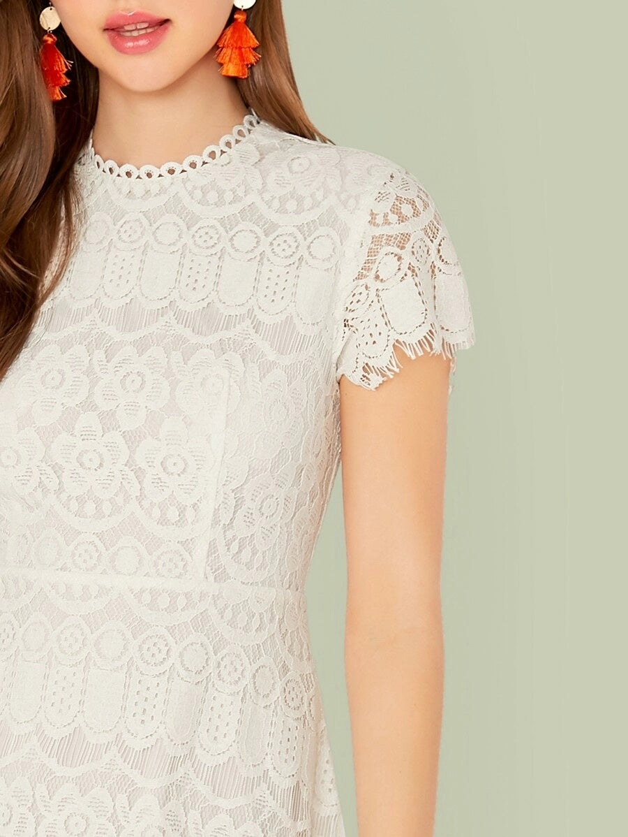 CM-DS516661 Women Casual Seoul Style Solid Zip Back Fit And Flare Lace Dress - White