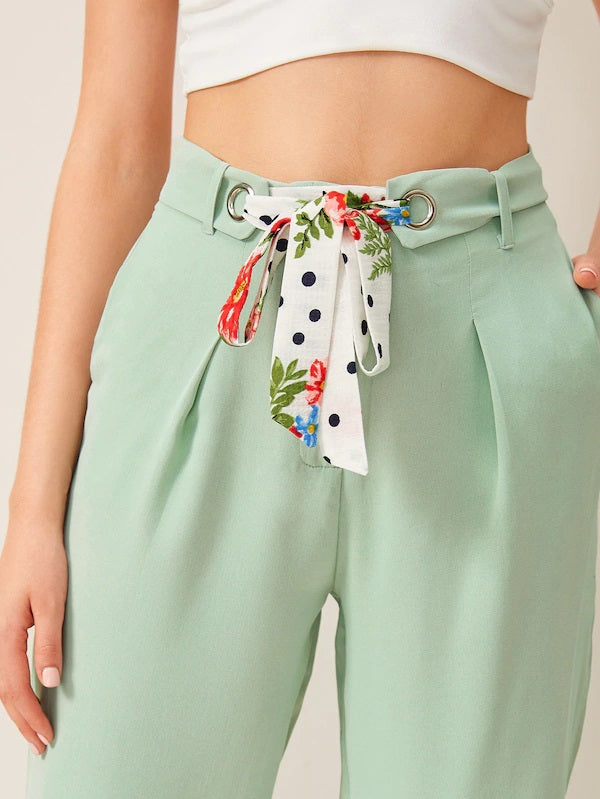 CM-BS613142 Women Elegant Seoul Style High Waist Belted Straight Leg Pants - Green