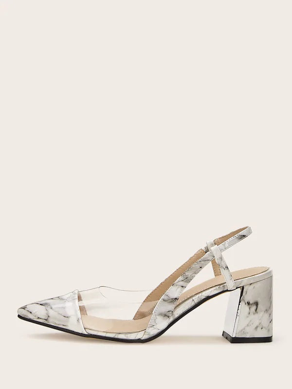 CM-SHS613500 Women Elegant Seoul Style Marble Print Point Toe Chunky Heels