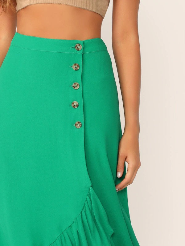 CM-BS520694 Women Casual Seoul Style Buttoned Front Ruffle Trim Asymmetrical Hem Skirt - Green