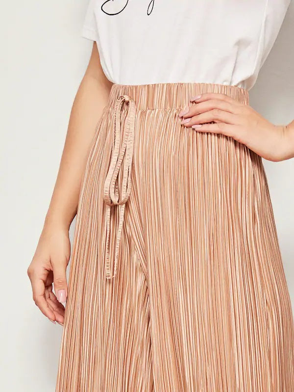 CM-BS527019 Women Casual Seoul Style Mid Waist Drawstring Pleated Wide Leg Pants - Beige