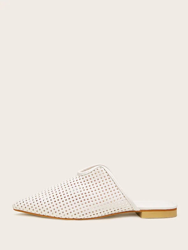 CM-SHS614453 Women Casual Seoul Style Point Toe Hollow Out Flat Mules - White