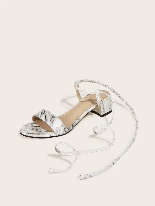 CM-SHS614505 Women Casual Seoul Style Open Toe Marble Print Tie Leg Heels