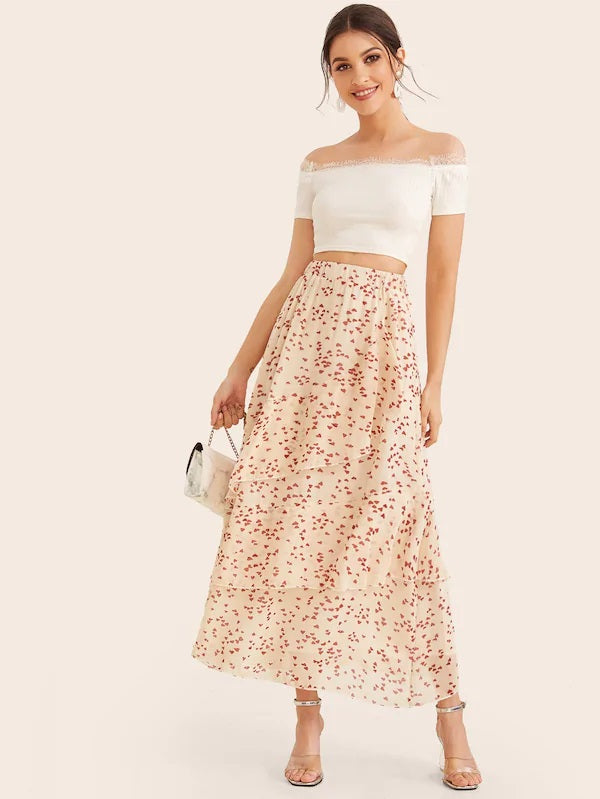 CM-BS617084 Women Casual Seoul Style Confetti Heart Print Layered Chiffon A-Line Skirt - Beige