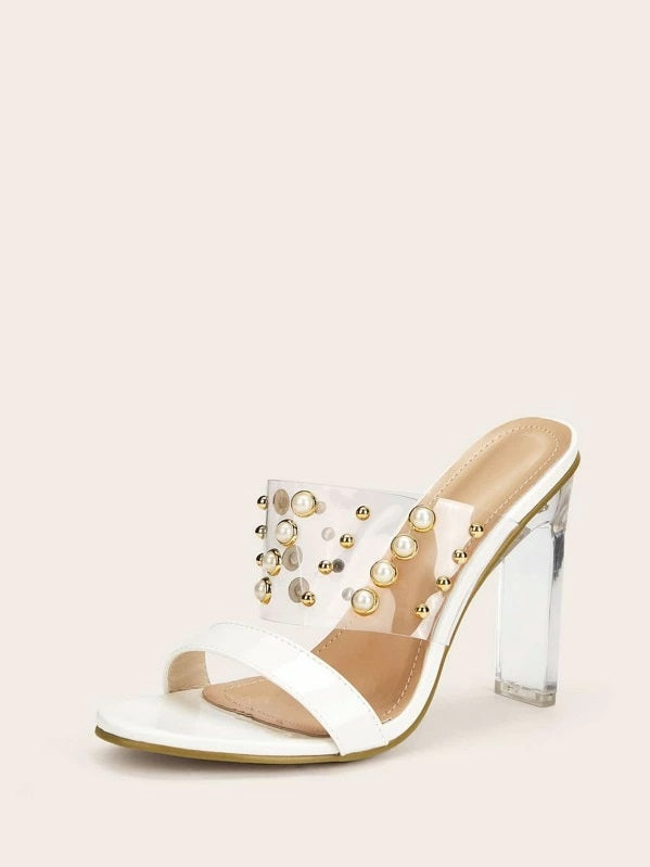 CM-SHS403709 Women Elegant Seoul Style Pearl Decor Transparent Heels - White