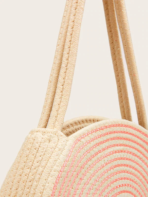 CM-BGS613652 Women Trendy Bohemian Style Two Tone Round Paper Straw Tote Bag