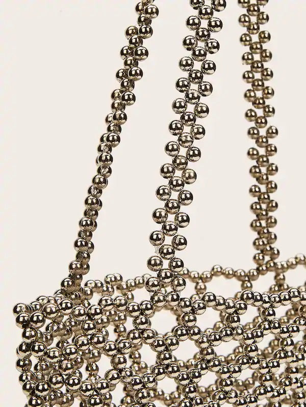 CM-BGS613150 Women Trendy Seoul Style Beaded Hollow Out Tote Bag - Silver