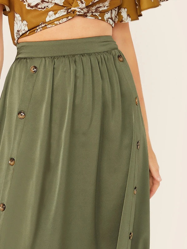 CM-BS606277 Women Trendy Seoul Style Mid Waist Double Button Flare A-Line Skirt - Green
