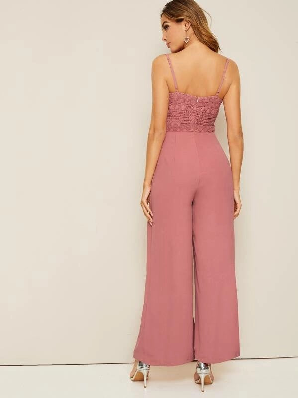 CM-JS409997 Women Casual Seoul Style Guipure Lace Insert Wide Leg Maxi Tank Jumpsuit - Pink